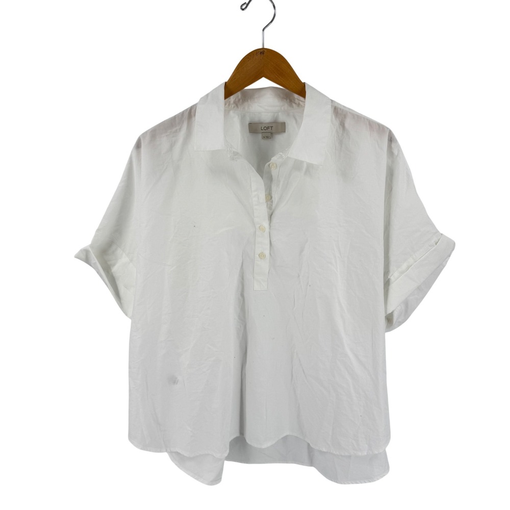 LOFT Short Sleeve Henley Shirt White XL Oversized Cotton Crisp Classic Boxy